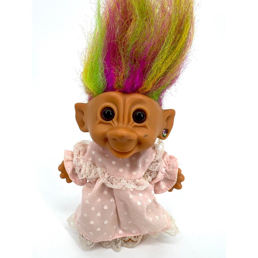 Vintage Bright of America Lucky Troll Doll Pink Dress Rainbow Hair Brown Eyes